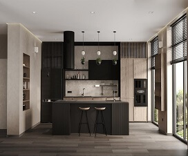 Bright and airy kitchen with natural light, wooden cabinets, and tiled flooring.