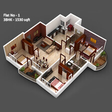 Inland Impala 3D Floor Plan for flat number 1 has 1530 sqft in a 3bhk flat.