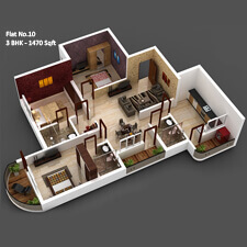 Inland Impala 3D Floor Plan for flat number 10 has 1470 sqft in a 3bhk flat.