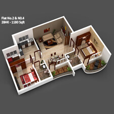 Inland Impala 3D Floor Plan for flat number 2 and 4 has 1180 sqft in a 2bhk flat.