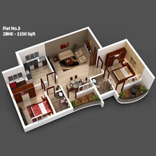 Inland Impala 3D Floor Plan for flat number 3 has 1150 sqft in a 2bhk flat.