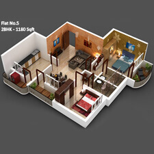 Inland Impala 3D Floor Plan for flat number 5 has 1180 sqft in a 2bhk flat.