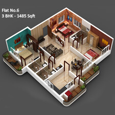 Inland Impala 3D Floor Plan for flat number 6 has 1485 sqft in a 3bhk flat.