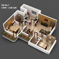 Inland Impala 3D Floor Plan for flat number 7 has 1185 sqft in a 2bhk flat.