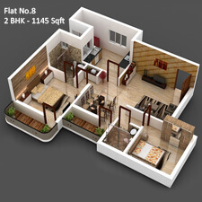 Inland Impala 3D Floor Plan for flat number 8 has 1145 sqft in a 2bhk flat.