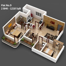 Inland Impala 3D Floor Plan for flat number 9 has 1210 sqft in a 2bhk flat.