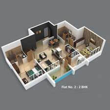 Inland Mayura 2bhk isometric plan of one flat.