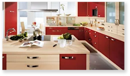 Sophisticated kitchen with eye-catching red wood cabinetry, creating a warm and inviting atmosphere.